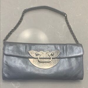 CBGB & OMFUG metallic pewter/ silver shoulder bag with butterfly and chains